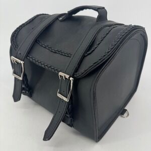 Interstate Leather Black Motorcycle Sissy Bar Bag Braided Trim Buckle Barrel Bag